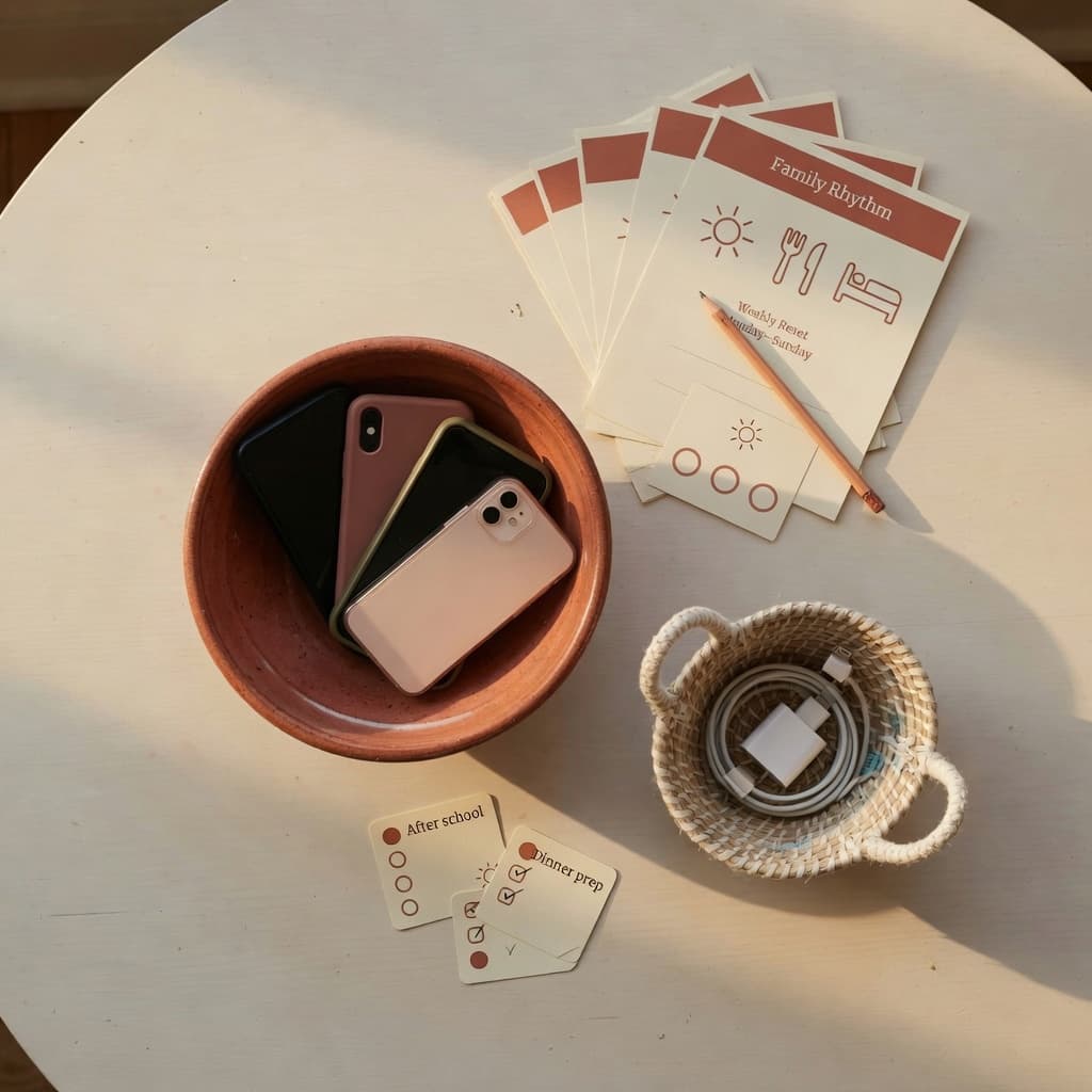 Terracotta phone bowl, charging basket, and printed cards on a cream table
